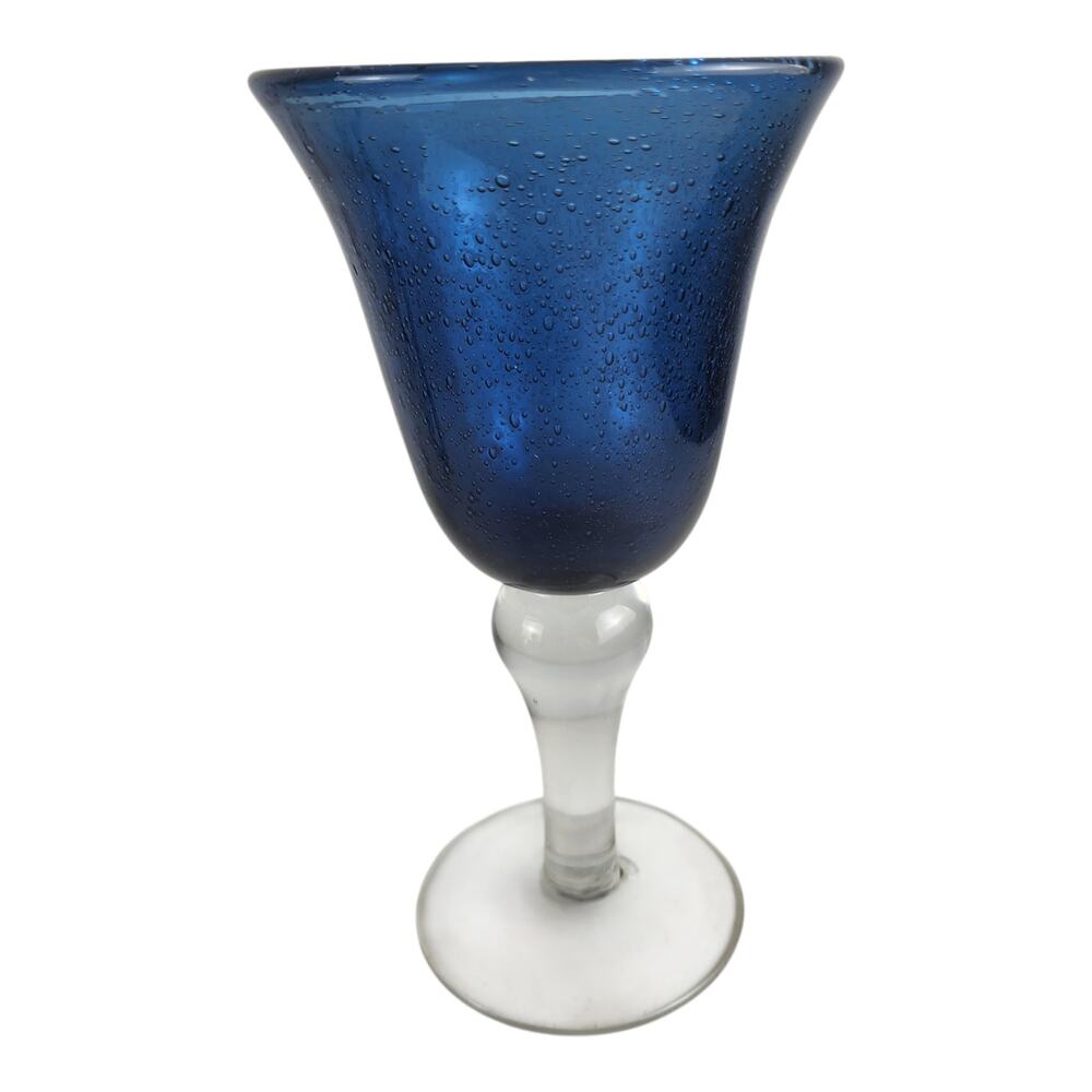 Artland Blue Hand-Bown Bubble Art Glass Pedestal Wine Goblet